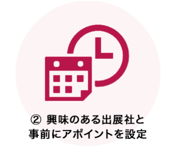 ②興味のある出展社と 事前にアポイントを設定