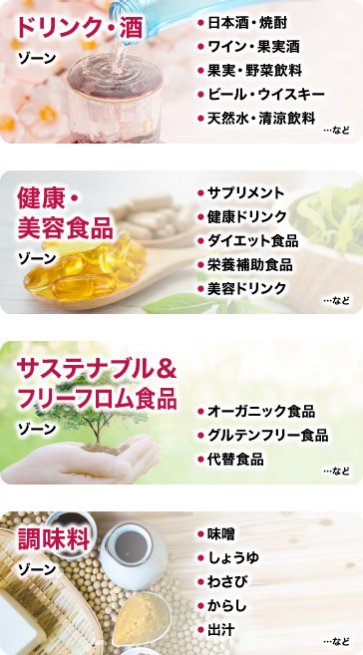 ドリンク・酒ゾーン | 健康・美容食品ゾーン | サステナブル＆フリーフロム食品ゾーン | 健康・美容食品ゾーン