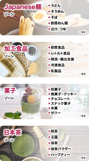 健康・美容食品ゾーン | Japanese麺ゾーン | 加工食品ゾーン | 菓子ゾーン | 日本茶ゾーン
