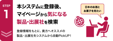 STEP1　本システムに登録後、マイページから気になる製品・出展社を検索