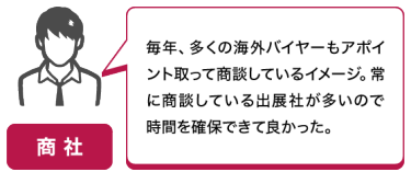 商社｜毎年、多くの海外バイヤーもアポイント取って商談しているイメージ。常に商談している出展社が多いので時間を確保できて良かった。