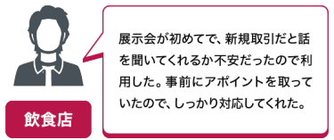 飲食店｜展示会は初めてで、新規取引だと話を聞いてくれるか不安だったので利用した。事前にアポイントを取っていたので、しっかり対応してくれた。